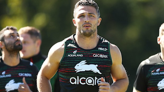 Sam Burgess of the Rabbitohs smiles during a South Sydney Rabbitohs NRL training session
