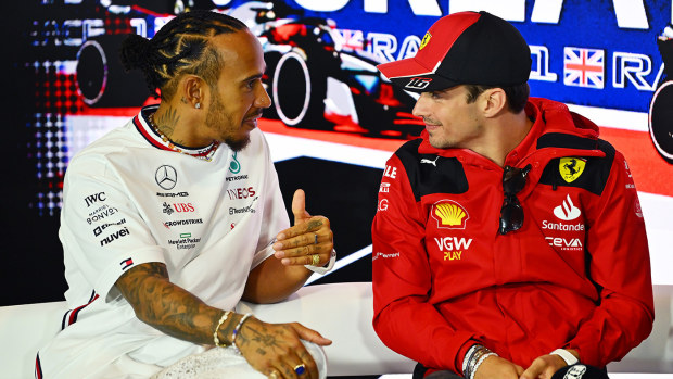 Lewis Hamilton of Great Britain and Mercedes and Charles Leclerc of Monaco and Ferrari talk in the Drivers Press Conference during previews ahead of the F1 Grand Prix of Great Britain at Silverstone Circuit on July 06, 2023 in Northampton, England. (Photo by Dan Mullan/Getty Images)