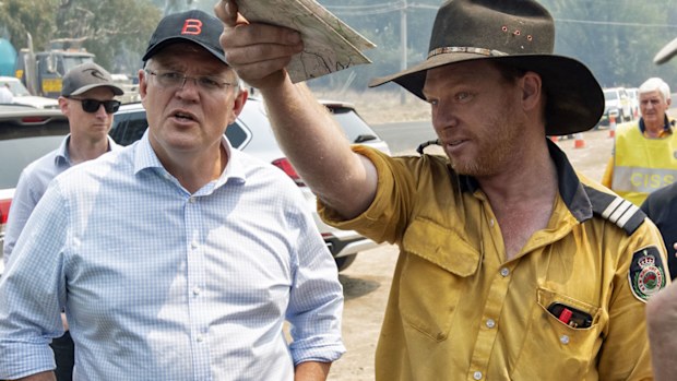 Prime Minister Scott Morrison meets with NSW Rural Fire Service volunteers at Ilford/Running Stream RFS fire shed as he tours the bushfire affected regions of the Blue Mountains.