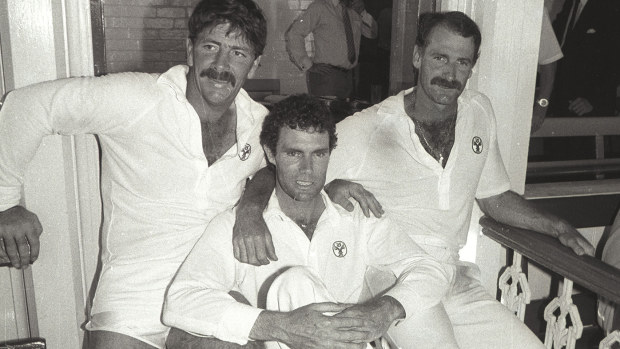 Rod Marsh, Greg Chappell and Dennis Lillee during their final Test match in Sydney in 1983-84.