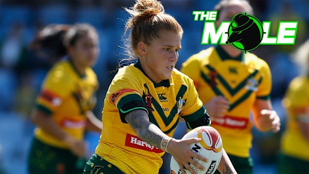 Caitlin Moran shapes to kick during the 2017 Women's Rugby League World Cup match between Australia and England.