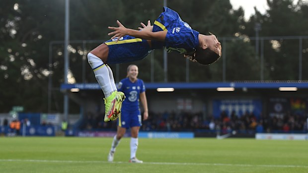 Sam Kerr of Chelsea celebrates after scoring