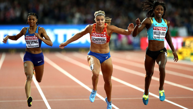 Deejah Stevens (left) in the 200 metres final at the 2017 World Championships.