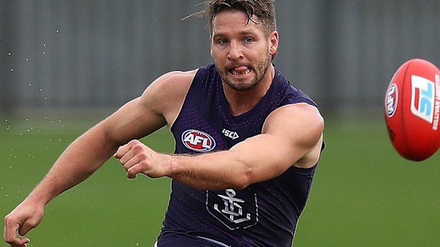 Jesse Hogan in action during a Fremantle Dockers AFL training session