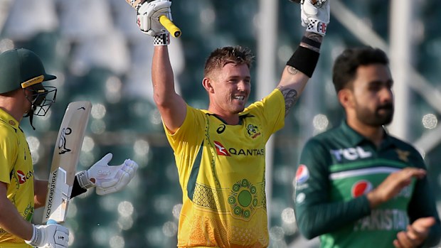 Ben McDermott celebrates his maiden international century in the second ODI against Pakistan.