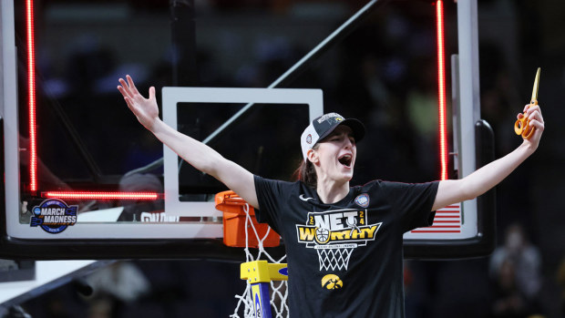 Caitlin Clark #22 of the Iowa Hawkeyes cuts down the net after beating the LSU Tigers 94-87 in the Elite 8 round of the NCAA Women's Basketball Tournament at MVP Arena on April 01, 2024 in Albany, New York.