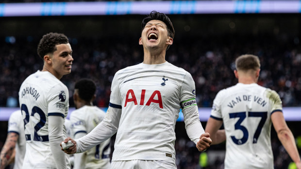 Tottenham Hotspur's Son Heung-Min (centre) celebrates scoring his side's third goal during the Premier League match between Tottenham Hotspur and Crystal Palace at Tottenham Hotspur Stadium on March 2, 2024 in London, England. (Photo by Andrew Kearns - CameraSport via Getty Images)