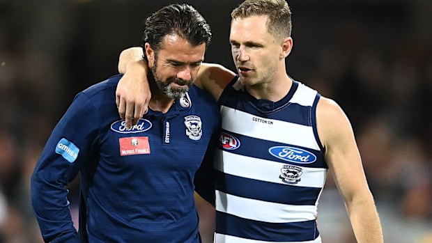 Cats coach Chris Scott with captain Joel Selwood