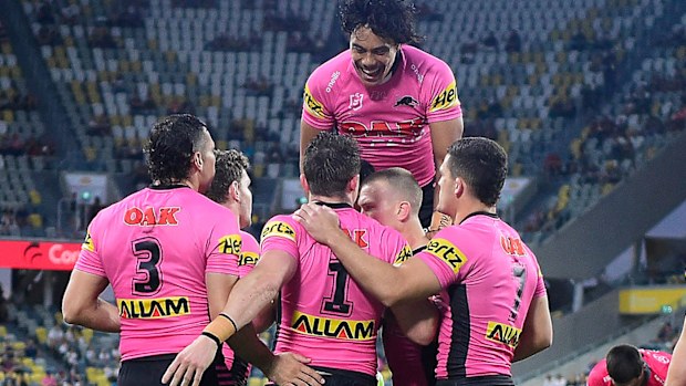 Penrith Panthers celebrate a try