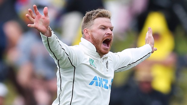 Glenn Phillips of New Zealand celebrates after taking the wicket of Cameron Green of Australia for a five wicket bag during day three of the First Test in the series between New Zealand and Australia at Basin Reserve on March 02, 2024 in Wellington, New Zealand. (Photo by Hagen Hopkins/Getty Images)