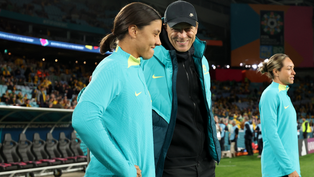 Tony Gustavsson talks with Sam Kerr ahead of Australia's opening FIFA Women's World Cup match against Ireland.