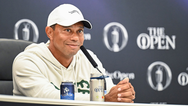 Tiger Woods smiles at a press conference during practice for The 152nd Open Championship at Royal Troon on July 16, 2024 in Troon, Scotland. (Photo by Keyur Khamar/PGA TOUR via Getty Images)