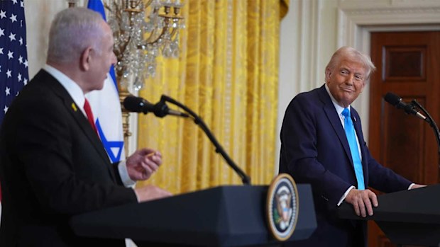 President Donald Trump listens as Israel's Prime Minister Benjamin Netanyahu speaks.