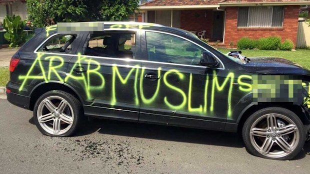 Some of the vile graffiti sprayed on the Audi. (Queen Street Group/Facebook)