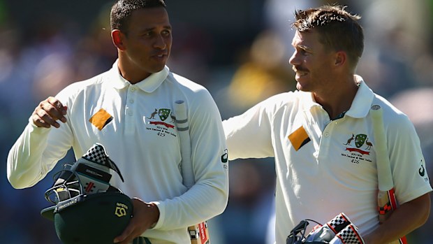 Usman Khawaja with David Warner.