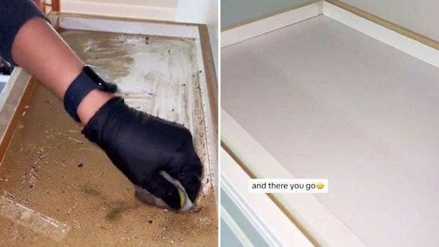 A greasy kitchen cabinet top is transformed