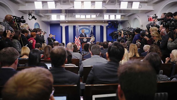 President Barack Obama gives his final media conference in the White House Press Briefing Room. (AP)