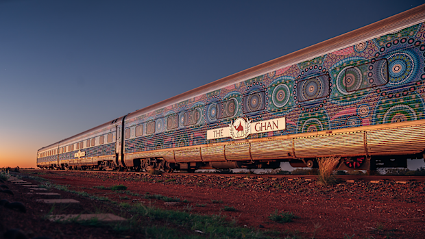 The Ghan artwork at sunset