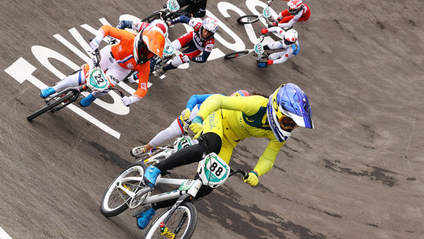 Saya Sakakibara of Team Australia, Merel Smulders of Team Netherlands, Mariana Pajon of Team Colombia, Felicia Stancil of Team United States, Rebecca Petch of Team New Zealand, Drew Mechielsen of Team Canada and Zoe Claessens of Team Switzerland as they compete during the Women's BMX semifinal heat 1, run 2 on day seven of the Tokyo 2020 Olympic Games at Ariake Urban Sports Park on July 30, 2021 in Tokyo, Japan. (Photo by Francois Nel/Getty Images)