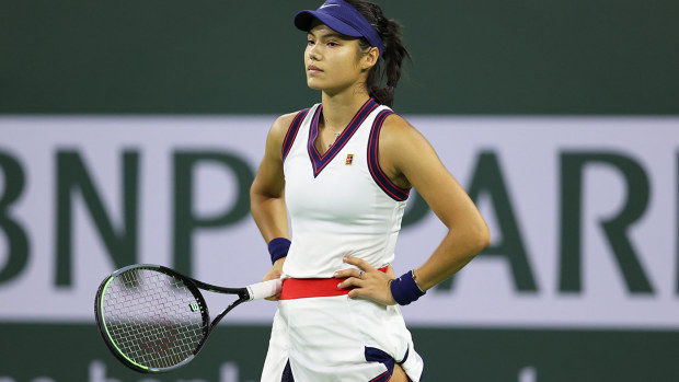 Emma Raducanu of Great Britain shows her dejection during her straight sets defeat against Aliaksandra Sasnovich