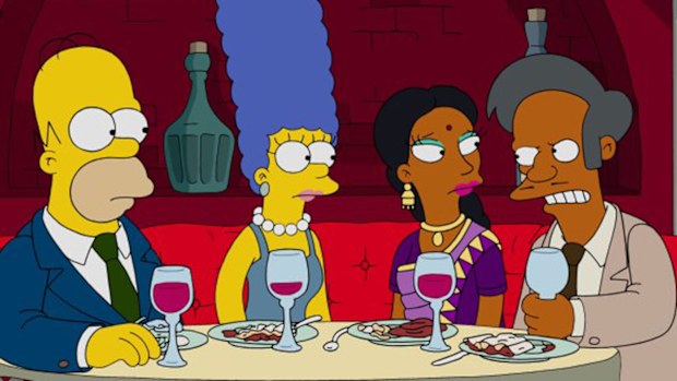 Homer Simpson, Marge Simpson, Manjula and Apu