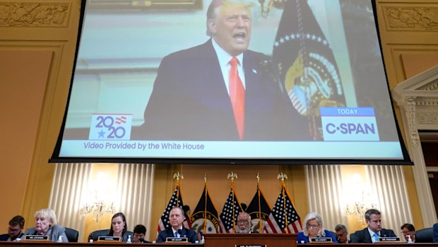 A video exhibit is displayed as the House select committee investigating the January 6 attack on the US Capitol continues to reveal its findings of a year-long investigation.