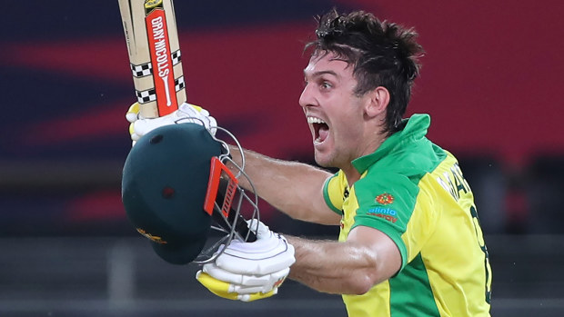 Mitchell Marsh celebrates Australia's T20 World Cup win over New Zealand.