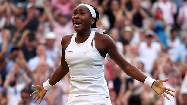 Cori Gauff celebrates beating Polona Hercog on day five
