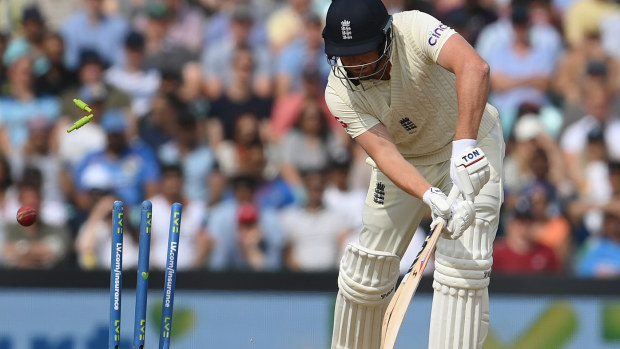 Jonny Bairstow is bowled for a duck on the final day of the fourth Test against India.
