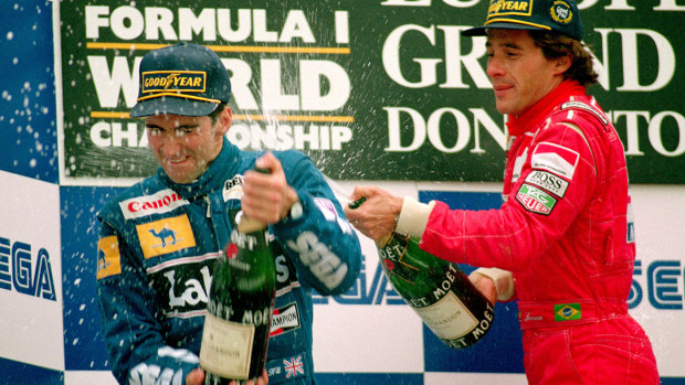 Ayrton Senna and Damon Hill on the podium after the 1993 European Grand Prix.