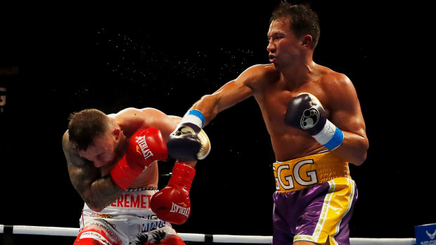 Gennadiy Golovkin lands a blow to Kamil Szeremeta in their IBF Middleweight title bout at Seminole Hard Rock Hotel & Casino on December 18, 2020