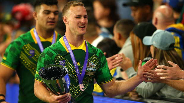 Daly Cherry-Evans of Australia celebrates with fans after winning the Rugby League World Cup 9s Final 