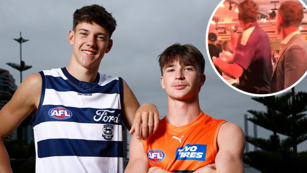 Geelong draftee Connor O'Sullivan (left), GWS draftee Phoenix Gothard (centre) and (inset) O'Sullivan brushing Cats legend Joel Selwood at the AFL draft.