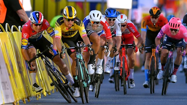 Dylan Groenewegen and Fabio Jakobsen moments before the crash