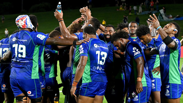 The Fijian Drua players celebrate victory