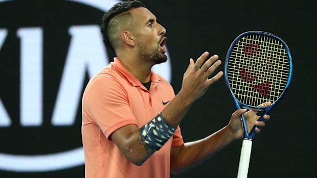 Nick Kyrgios of Australia shouts at fans to be quiet during his Men's Singles third round match against Karen Khachanov of Russia on day six of the 2020 Australian Open at Melbourne Park on January 25, 2020 in Melbourne, Australia