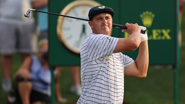 PONTE VEDRA BEACH, FL - MARCH 13: Bryson DeChambeau of the United States plays a tee shot on the 18th hole during the third round of THE PLAYERS Championship on March 13, 2021 at TPC Sawgrass Stadium Course in Ponte Vedra Beach, Fl. (Photo by David Rosenblum/Icon Sportswire via Getty Images)