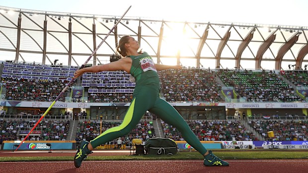 Australian javelin champion Kelsey-Lee Barber in action at the 2022 World Athletics Championships in Eugene, where she won gold.