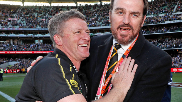 Damien Hardwick, Senior Coach of the Tigers and CEO Brendon Gale celebrate during the 2019 Toyota AFL Grand Final win 