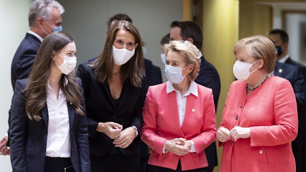 (L to R) Lithuanian President Gitanas Nauseda, Finish Prime Minister Sanna Mirella Marin, Belgium Prime Minister Sophie Wilmes, President of the European Commission Ursula von der Leyen, Luxembourg Prime Minister Xavier Bettel, and the German Chancellor Angela Merkel attend an EU Summit on July 17, 2020 in Brussels, Belgium. 