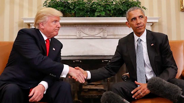Donald Trump and Barack Obama meeting in the White House after the former's election win.