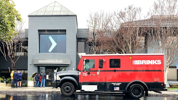 A Brinks truck is parked outside of Silicon Valley Bank in Santa Clara, California.