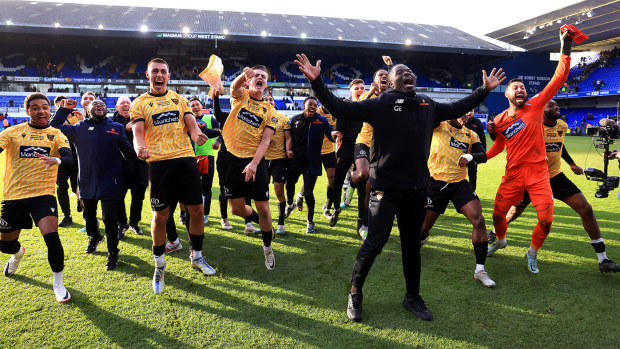 George Elokobi, Manager of Maidstone United, celebrates victory at full-time following the Emirates FA Cup Fourth Round match between Ipswich Town and Maidstone United at Portman Road on January 27, 2024 in Ipswich, England. (Photo by Stephen Pond/Getty Images)