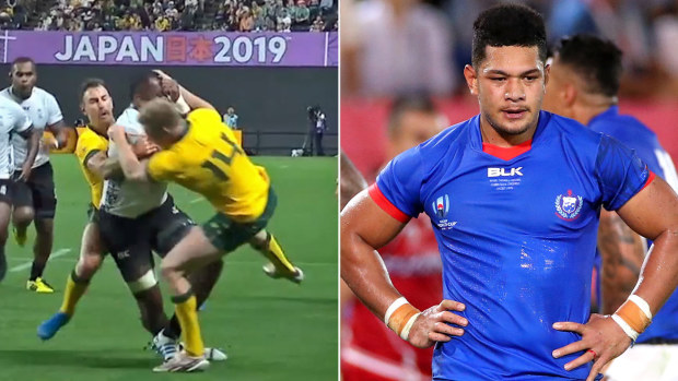 Hodge making the tackle that got him banned three games, and right, Rey Lee-Lo of Samoa