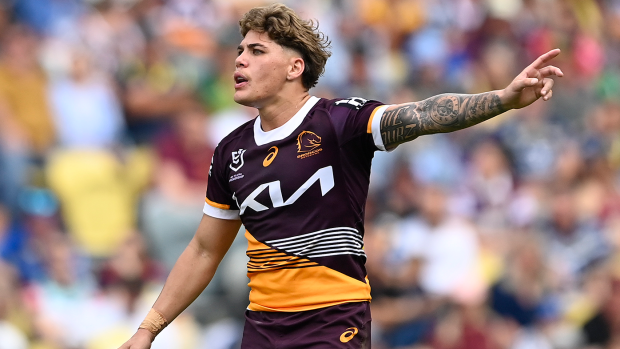 Reece Walsh gestures during the round 23 NRL match between North Queensland Cowboys and Brisbane Broncos.