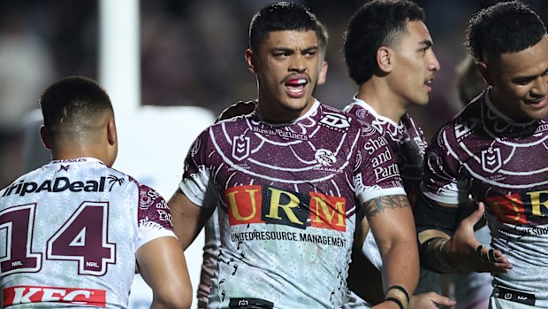 Tommy Talau reacts after scoring a try for Manly against the Storm in round 12.