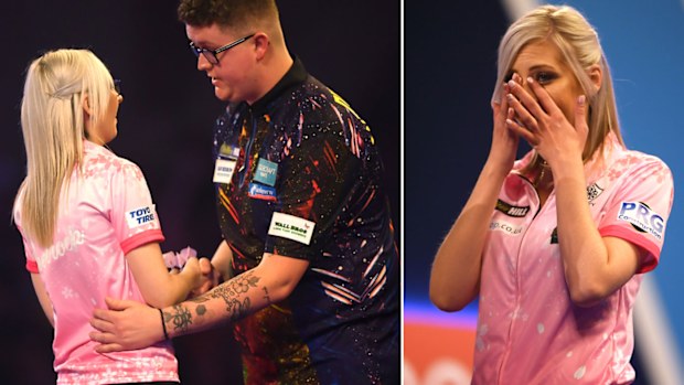 Fallon Sherrock reacts after winning her 1st round game against Ted Evetts to become the first female to win a game in the PDC World Championships 