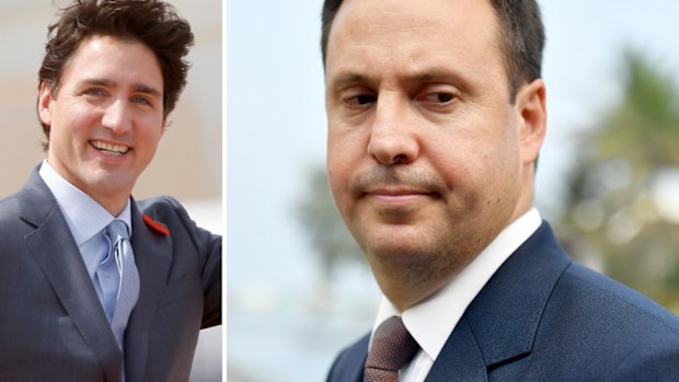Canadian Prime Minister Justin Trudeau (left), and Australian Trade Minister Steven Ciobo. (AAP)