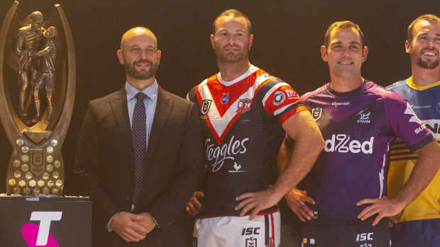NRL Chief Executive Todd Greenberg is seen at a captains team photo with Boyd Cordner of the Sydney Roosters, Cameron Smith of the Melbourne Storm and Clint Gutherson of the Parramatta Eels during the 2020 NRL Season Launch