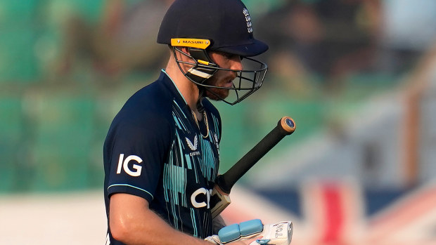 Phil Salt leaves the field after being dismissed by Shakib Al Hasan in the third ODI.